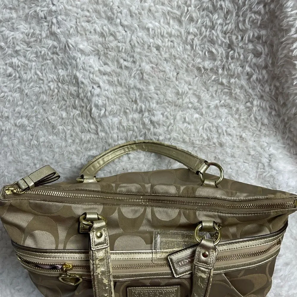 Coach large Tote Bag satin gold Signature F20026 metallic gold trim & Straps.
